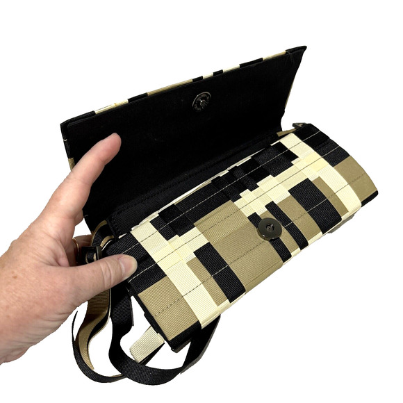 SEIRC Mini Shoulder Bag Clutch Purse Woven Ribbons Black Cream Taupe Chic Unique - Picture 8 of 10
